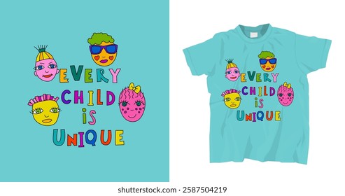 Colorful t-shirt design with a message Every child is unique. Neurodiversity, inclusion, acceptance concept with brain-inspired elements. Perfect for advocacy and awareness. Vector illustration