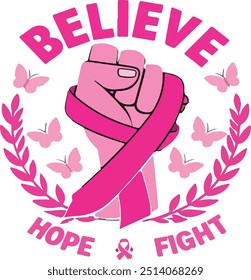 Colorful  T-shirt displaying motivational design for Breast Cancer Awareness Month featuring pink accents and promotional messaging.