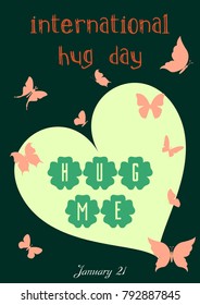Colorful T-shirt graphic design with "Hug me" text, a heart and butterflies for International Hug Day on 21th January on colorful background in A4 dimensions - Eps10 vector graphics and illustration