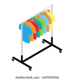 Colorful T-shirt on hanger on clothing wardrobe rack fashion store isometric view