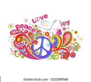 Colorful T-shirt print with hippie peace symbol, flying dove with olive branch, abstract flowers, paisley and rainbow on white background