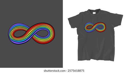 Colorful t-shirt print with Infinity symbol composed of a vibrant spectrum of colors. This rainbow represents the diversity of human minds and experiences. Hand-drawn editable vector illustration.