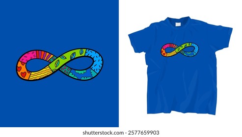 Colorful t-shirt print with Infinity symbol composed of a vibrant spectrum of colors. This rainbow represents the diversity of human minds and experiences. Hand-drawn editable vector illustration.