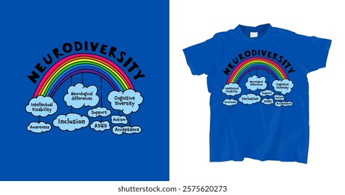 Colorful t-shirt print for neurodivergent people. We all are different. Neurodiversity, inclusion, acceptance concept. Perfect for advocacy and awareness. Unique hand-drawn design. Vector illustration