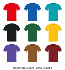 Modelos de vetor de camiseta colorida. Maquete de vestuário de estilo plano minimalista para catálogos de moda, sites de mercadorias ou marca de roupas