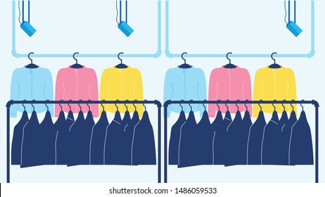 Colorful t-shirts and sweatshirts on hangers at clothes shop, fashion store.