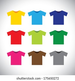 colorful t-shirts vector icons. This graphic consists of tee shirts in colors like red, orange, black, blue, green, yellow, pink and other bright, vibrant colors
