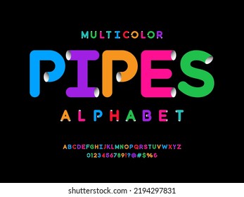 colorful tube style alphabet design with uppercase, numbers and symbols