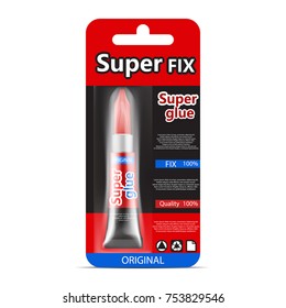 Colorful tube of super fix glue in cardboard and plastic packaging with brand information realistic vector isolated on white background. Original container and packaging of glue for instant gluing