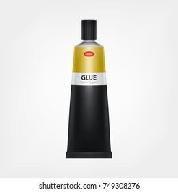 Colorful tube of super or moment glue with brand information realistic vector isolated on white background. Original container of glue for instant gluing