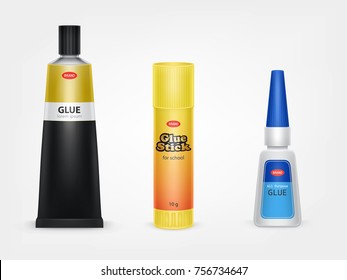 Colorful tubes of glue stick, super and moment glue with brand information realistic vector isolated on white background with reflection. Different original containers