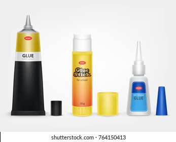 Colorful tubes of glue stick, super and moment glue with open lid and brand information realistic vector isolated on white background. Different original containers of product for instant gluing