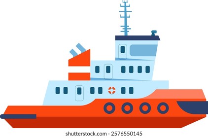 Colorful tugboat sailing on white background, maritime transport, shipping and sea transportation industry concept, flat vector illustration