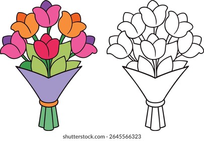 Colorful Tulip Bouquet Illustration with Outline Version Spring Flowers in Purple Wrapper