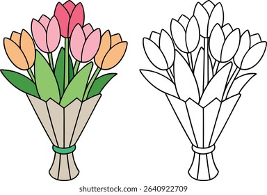 Colorful Tulip Bouquet Vector Illustration Pink Peach Tulips Floral Arrangement Outline Version