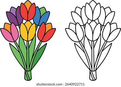 Colorful Tulip Bouquet Vector Illustration with Outline Version tulips flowers