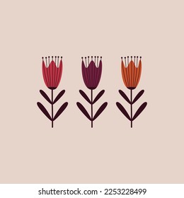 Colorful tulip flower in flat style hand drawn vector illustration. Isolated vintage Scandinavian floral for icon, poster or logo.