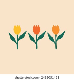Colorful tulip flower in flat style hand drawn vector illustration. Isolated vintage floral for icon, poster or logo
