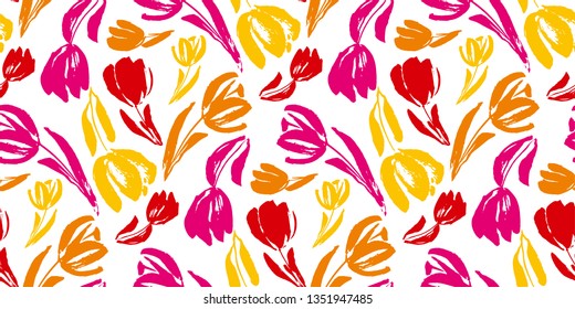 Colorful tulip flower sketch seamless pattern. Tropical vibes decorative sketch floral repeatable motif for textile, fabric, surface design, wrapping paper. vector illustration