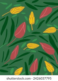 Colorful tulip patterns and leaves on green background for branding package, fabric print, wallpaper, social media post, doodle, notes, book covers, wall decor.