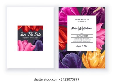 Coloridas plantillas de postales de tulipán. Flores realistas de primavera. Plantas de primavera de floración vectorial muy detalladas en un fondo oscuro para su diseño, patrones, tarjetas, banners, posters plantillas para adverti