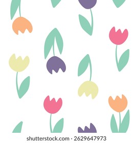 Colorful  Tulip Repeat Pattern – Fun Floral Vector - Seamless - Girls  - Bright colors, simple, modern - Fabric design, stationery, digital wallpapers, kids’ clothing, packaging, scrapbooking.