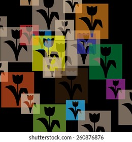 Colorful tulip silhouette in rectangles on black background