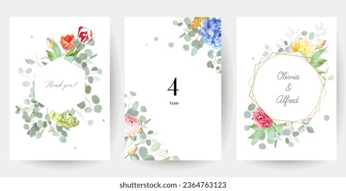 Colorful tulips, blue hyacinth, green hydrangea, pink and yellow rose, magenta carnation vector design invitation frames. Wedding greenery. Watercolor style cards. Summer style. Isolated and editable