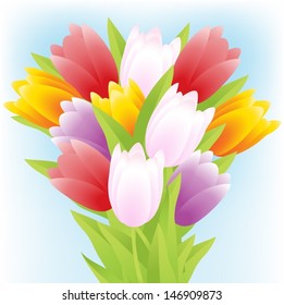Colorful tulips bouquet on a blue background 