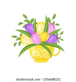 Colorful tulips bouquet in yellow vase. Vector illustration.