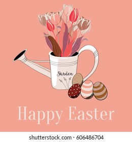 Colorful tulips in a can with Easter eggs. Vector illustration on pink background. HAppy Easter