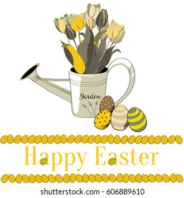 Colorful tulips in a can with Easter eggs. Vector illustration on white background. Happy Easter