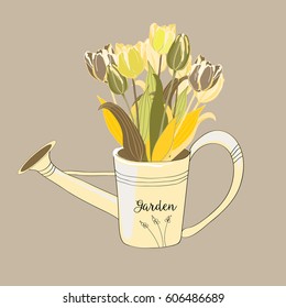 Colorful tulips in a can. Vector illustration on coffee background.