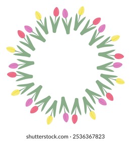 Colorful tulips Circle frame border in trendy soft colors. 8 March greeting card or leaflet Template