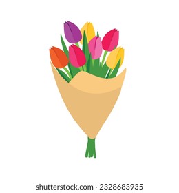 Colorful tulips flower bouquet on isolated white background. Beautiful bunch of spring flowers with long leaves inside bouquet. Vector illustration