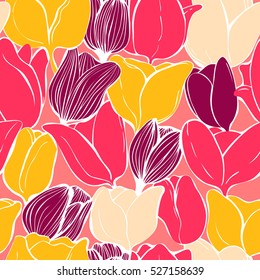 colorful tulips illustration, seamless stylish pattern of spring flowers for spring holidays