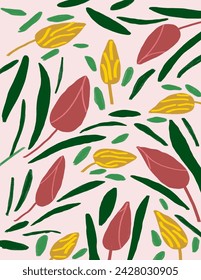 Colorful Tulips and leaves on white background for branding package, fabric print, wallpaper, social media post, doodle, notes, book covers, wall decor.