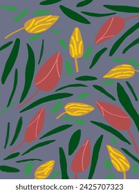 Colorful tulips and leaves patterns on purple background for branding package, fabric print, wallpaper, social media post, doodle, notes, book covers, wall decor.