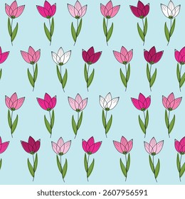 Colorful tulips on blue background vector seamless pattern