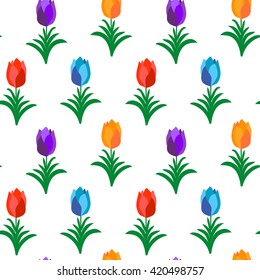 Colorful tulips over white seamless pattern. Vector illustration of flowers in flower pots.