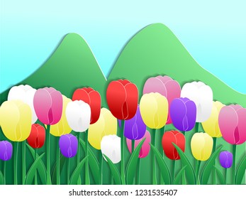 Colorful tulips paper cut style,illustration vector