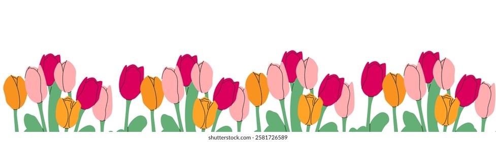 Colorful tulips pattern.Spring multi-colored tulips on a transparent background. Design for wallpaper, posters, banners, cards, print, web and packaging.vector illustration EPS10