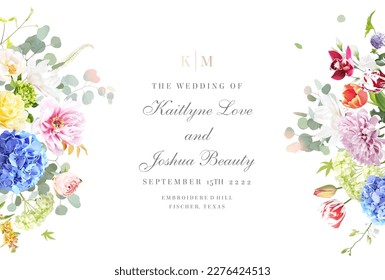 Colorful tulips, peony, purple hyacinth, blue hydrangea, dahlia, pink and yellow rose vector design invitation frame. Wedding greenery. Watercolor style card. Summer style. Isolated and editable