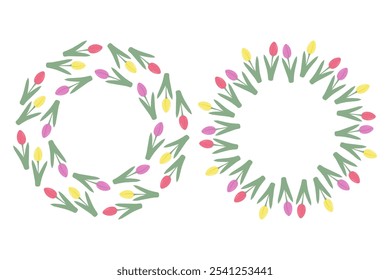 Colorful Tulips Round Frames border in trendy springtime shades. Set of 2 Greetings template concept