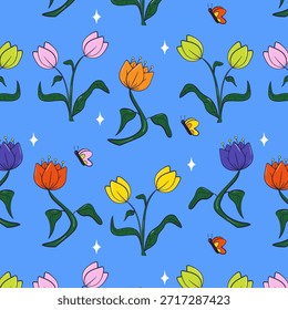 Colorful tulips seamless pattern. Spring doodle flowers. Flat vector pattern.