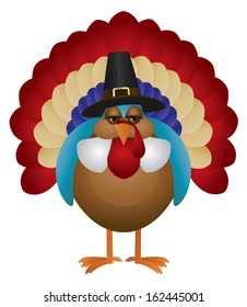 Colorful Turkey with Pilgrim Hat Cute Cartoon For Thanksgiving Isolated on White Background Vector Illustration