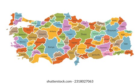 Colorful Turkey political map with clearly labeled, separated layers. Vector illustration.