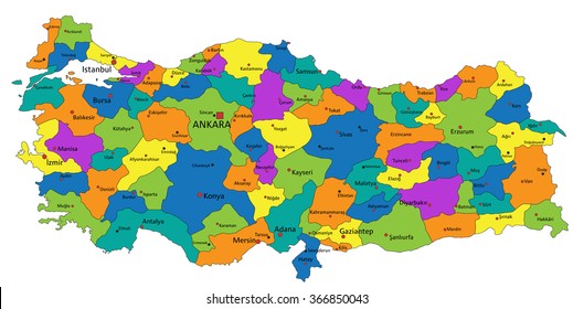 Colorful Turkey political map with clearly labeled, separated layers. Vector illustration.