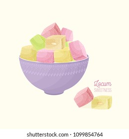 Colorful Turkish delight or rahat lokum and nougat in bowl isolated on light background. Tasty oriental sweets, traditional confection, delicious Arabic dessert. Cartoon vector illustration