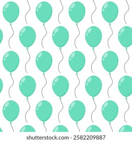 Colorful turquoise balloons with flowing strings create a festive background pattern